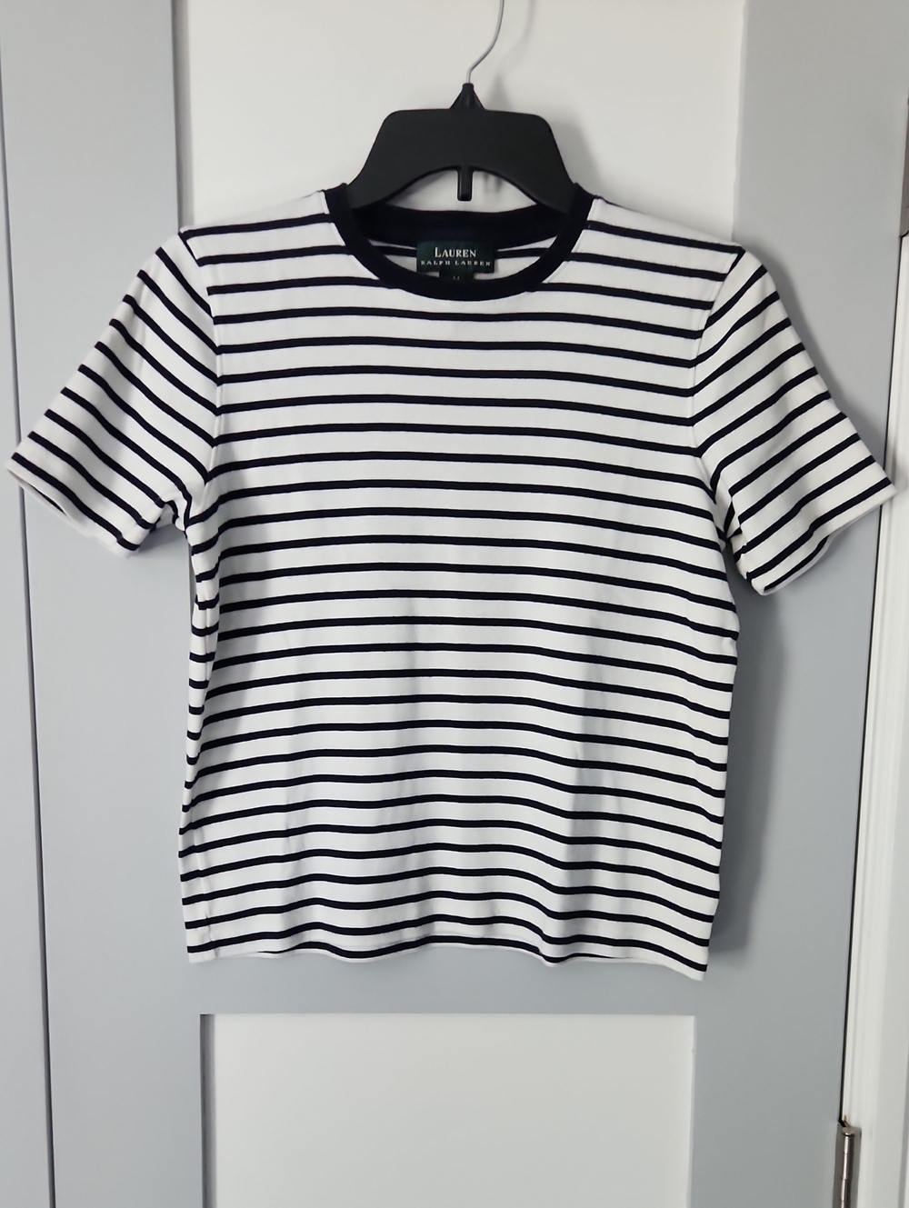 Lauren Ralph Lauren White and Black Striped Short Sleeve Tee, size M